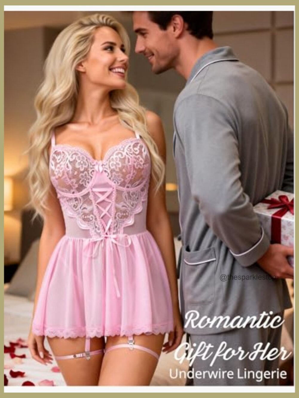 Lace Babydoll Chemise with Underwire Push Up Bra and Garter - Picture 4 of 7